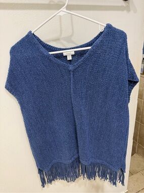 J. Jill Deep Blue V-Neck Fringe Knit Top